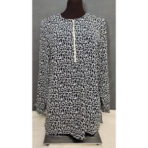 CHICO'S Black Off White Heart Leaf Print Blouse Top 1/4 Zipper Long Sleeves Sz 1